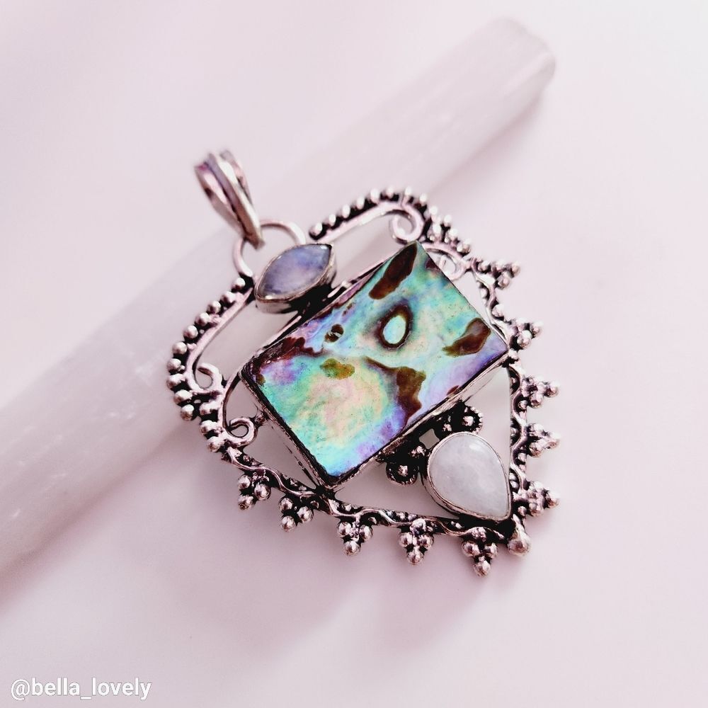 Breathtaking! Abalone Shell Rainbow Moonstone Ethnic Handmade Pendant 2.34"